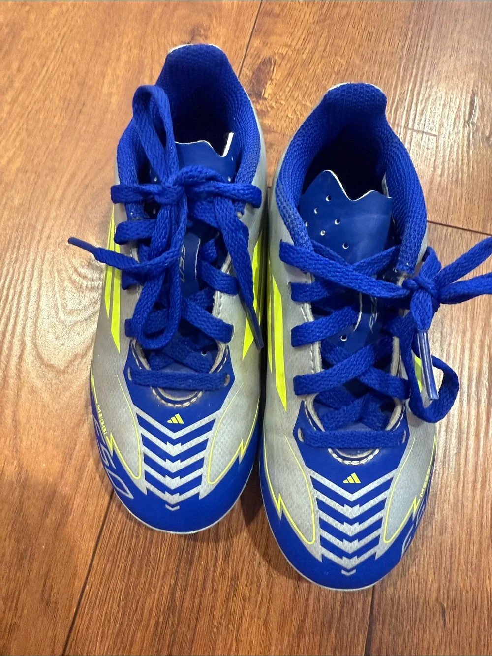 adidas Kids Blue Silver Soccer Cleats with Neon Yellow Accents